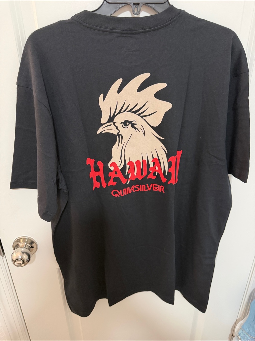 Quiksilver Black Short-Sleeve Tee with Cream Rooster and Red Hawaii Print
